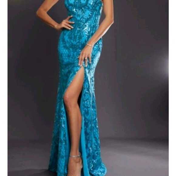 B. Darling Prom All Over Sequined Gown Blue flora Maxi Dress Turquoise Slit New - Picture 1 of 12